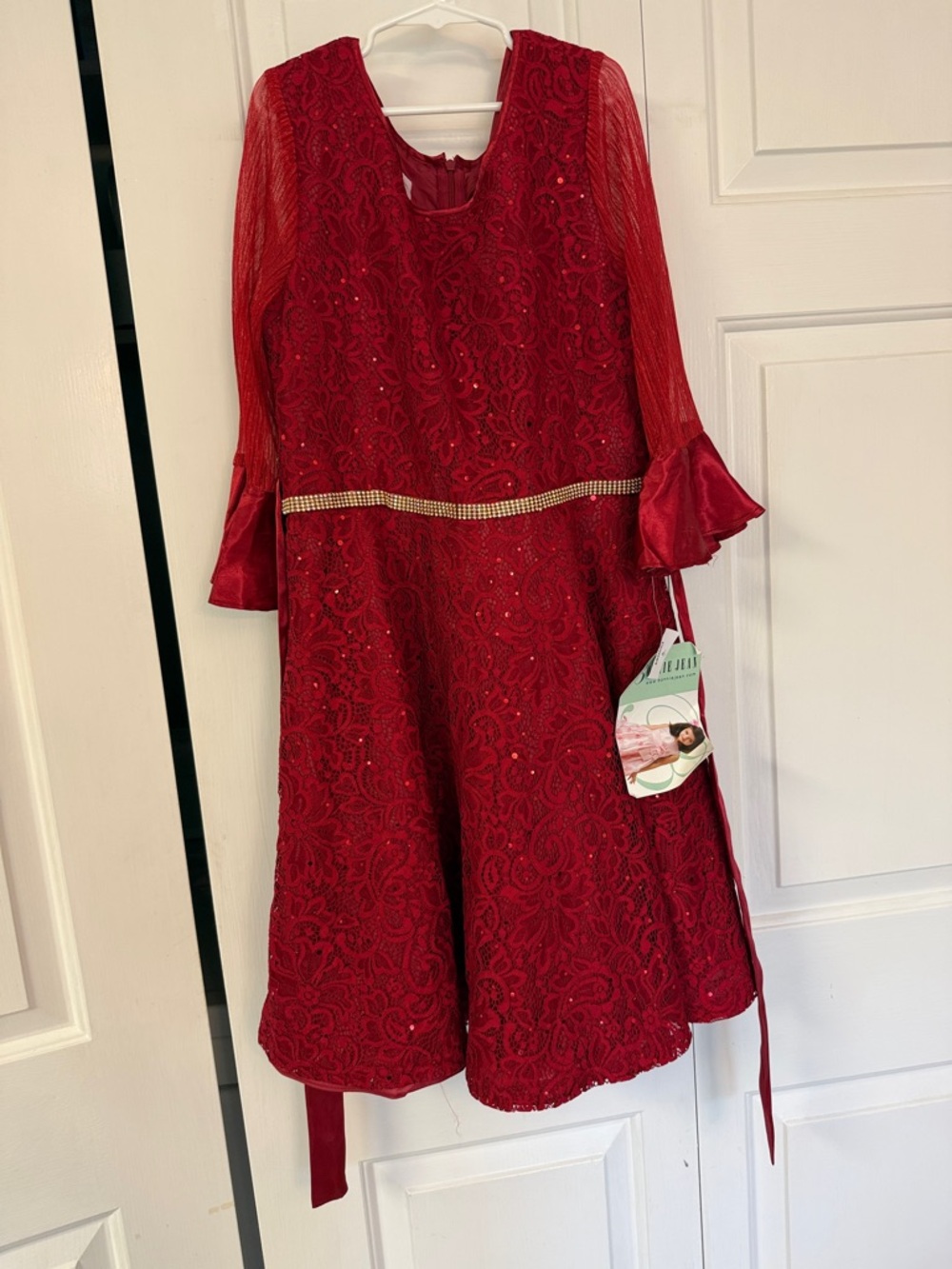Bonnie Jean Red Lace Sequin Party Dress with Rhinestone Belt